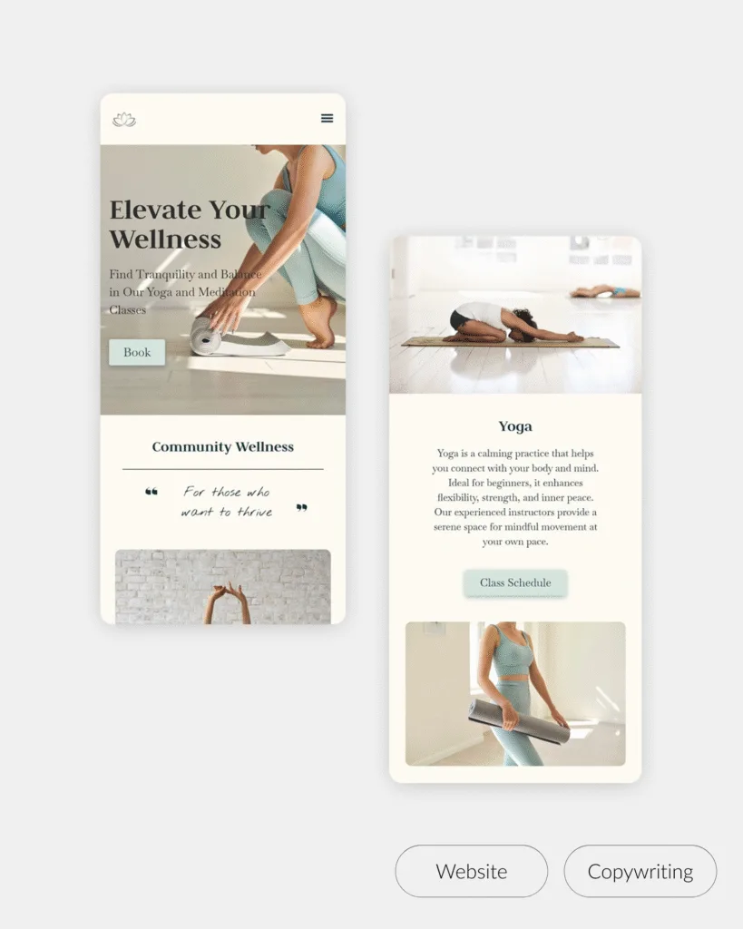 Screenshots of a concept website on mobile for a wellness studio