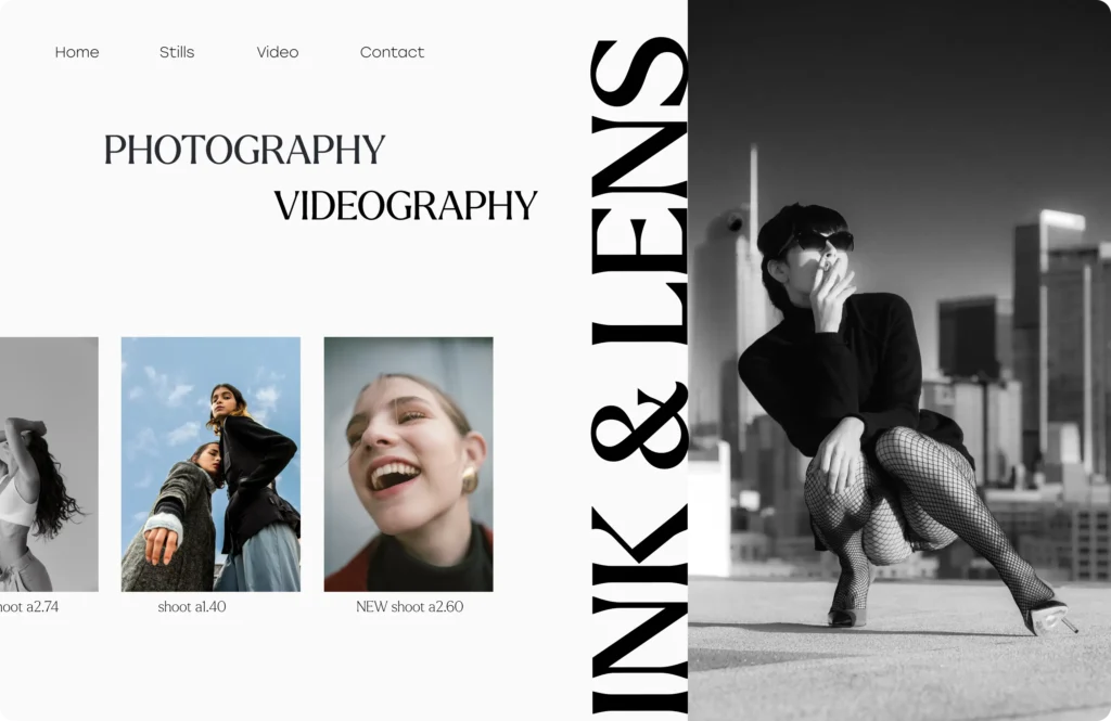 Screenshot of a photography and videography concept website homepage designed by Vaughan&Mont, with minimal and alternative features