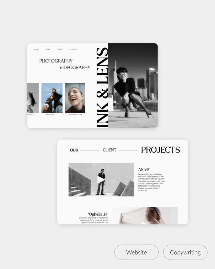 Screenshots of a concept website on desktop for a photography and videography portfolio