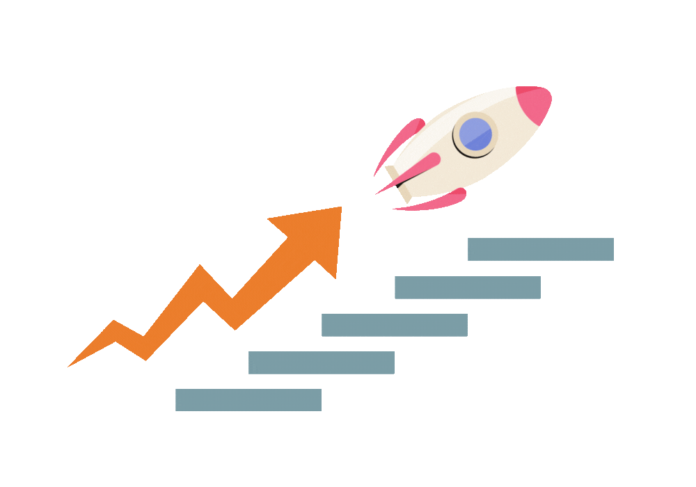 An animated rocket ship flying upwards above steps. Image showing the impactful upgrade you receive with our web design service.